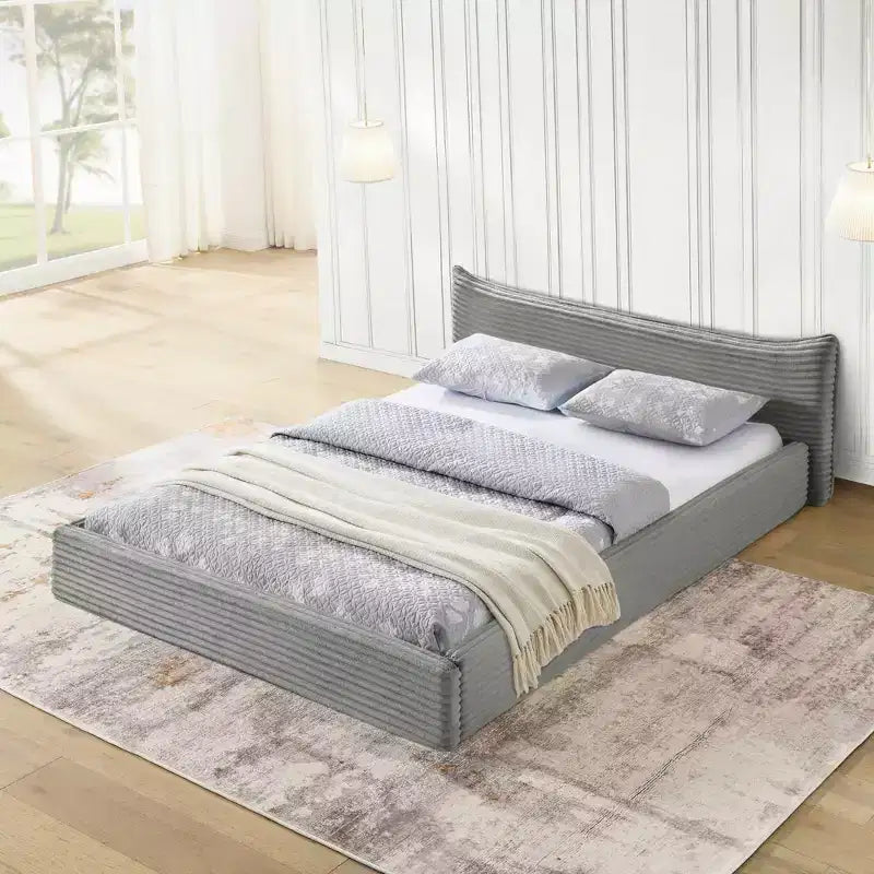 Queen Size Upholstered Bed Frame with Pleated Chenille Headboard, Gray