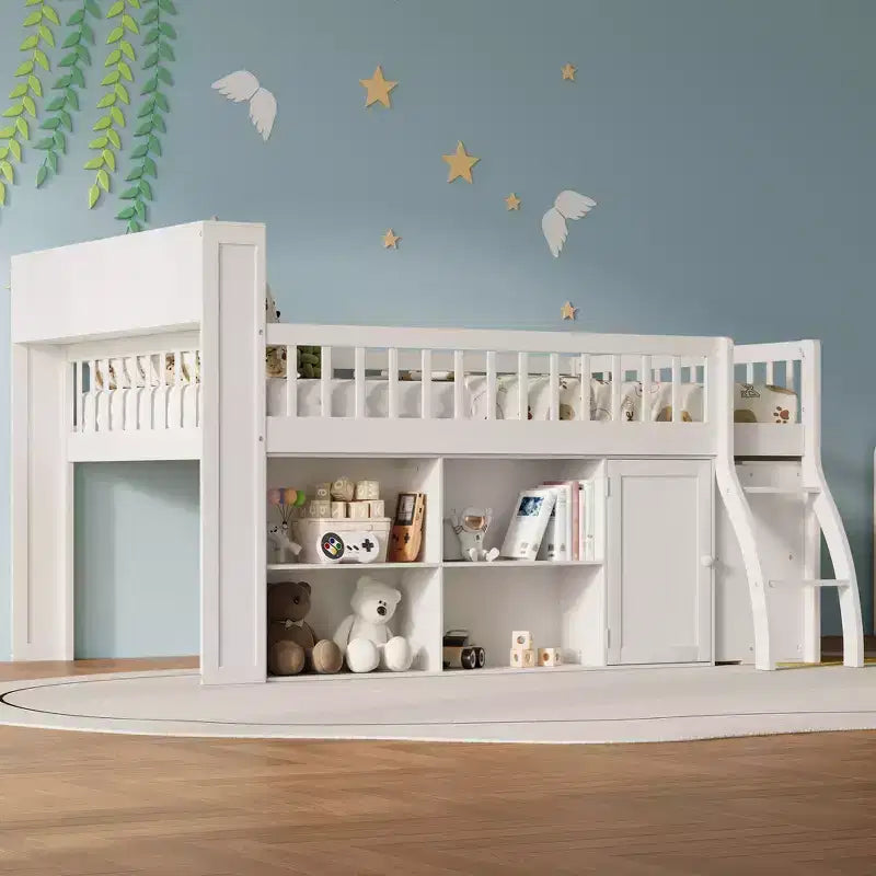 Full Size Loft Bed Frame with Storage and Built-in Headboard, Space-Saving Design