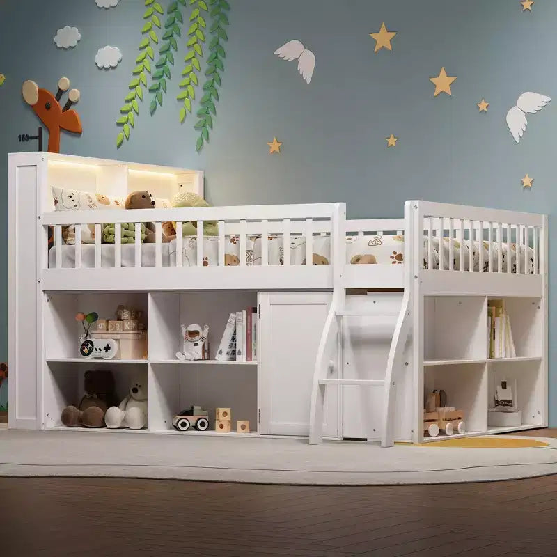 Full Size Loft Bed Frame with Storage and Built-in Headboard, Space-Saving Design