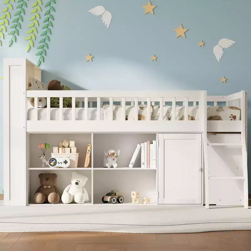 Full Size Loft Bed Frame with Storage and Built-in Headboard, Space-Saving Design