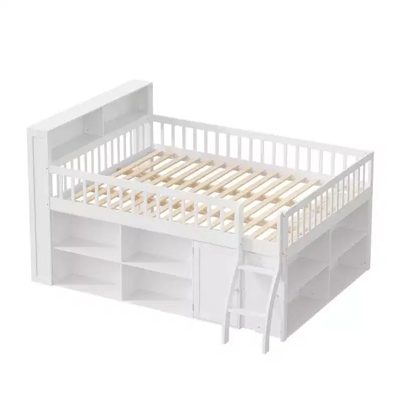Full Size Loft Bed Frame with Storage and Built-in Headboard, Space-Saving Design