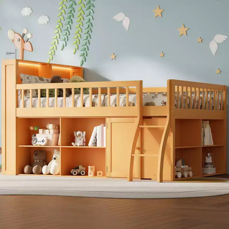 Full Size Loft Bed Frame with Storage and Built-in Headboard, Space-Saving Design