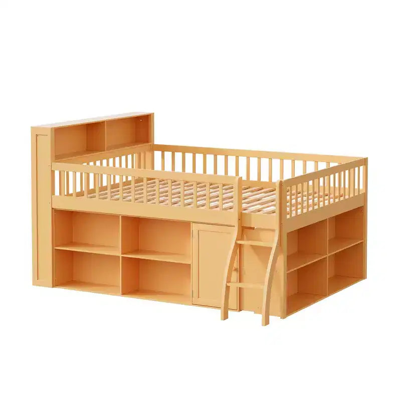 Full Size Loft Bed Frame with Storage and Built-in Headboard, Space-Saving Design