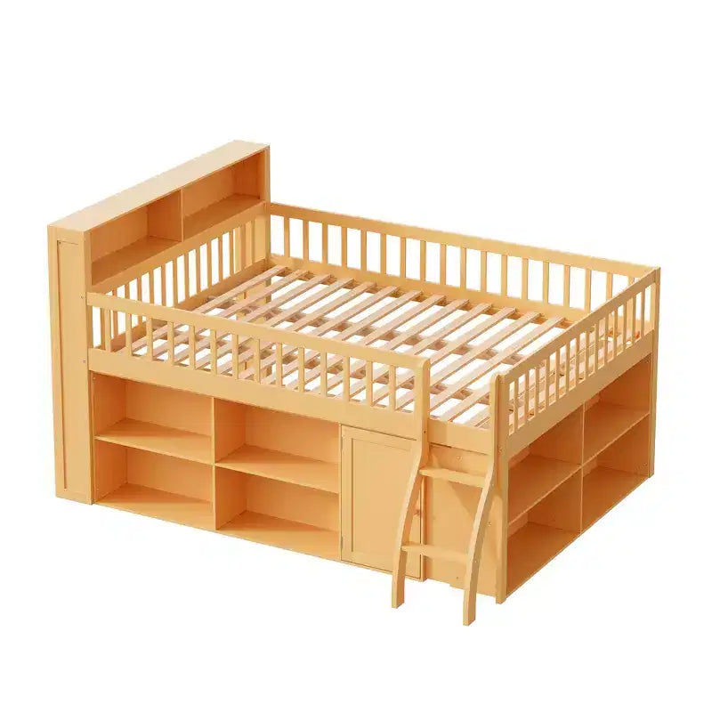 Full Size Loft Bed Frame with Storage and Built-in Headboard, Space-Saving Design