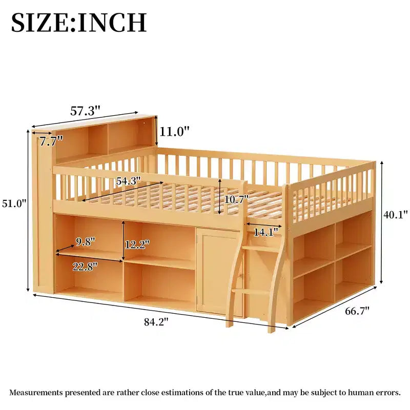 Full Size Loft Bed Frame with Storage and Built-in Headboard, Space-Saving Design