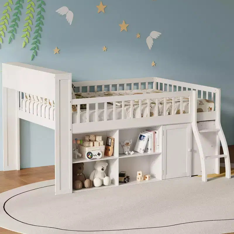 Full Size Loft Bed Frame with Storage and Built-in Headboard, Space-Saving Design