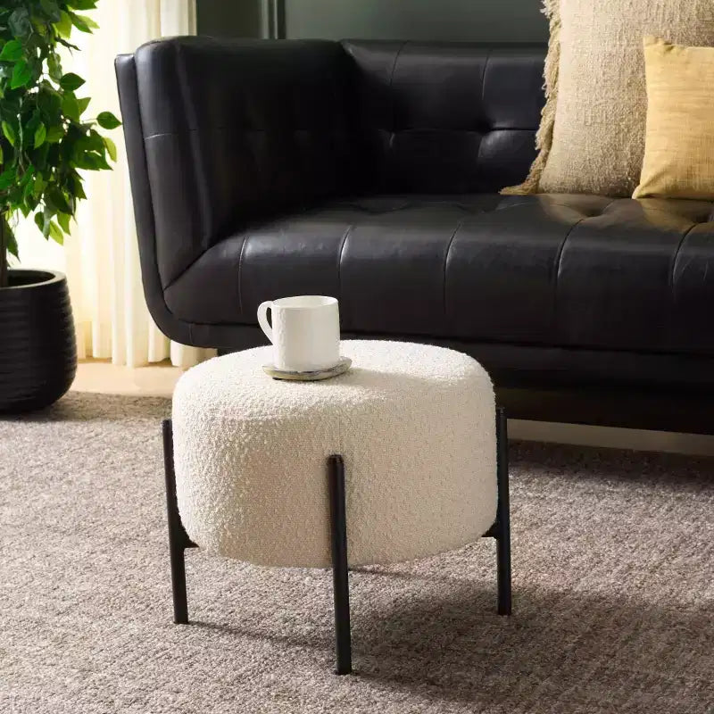 Traditional Padded Ottoman, Plywood and Metal Frame, Cream and Black
