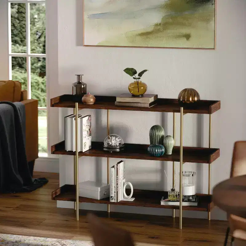 3-Shelf Storage Display Bookcase with Metal Frame, Black Wood Grain