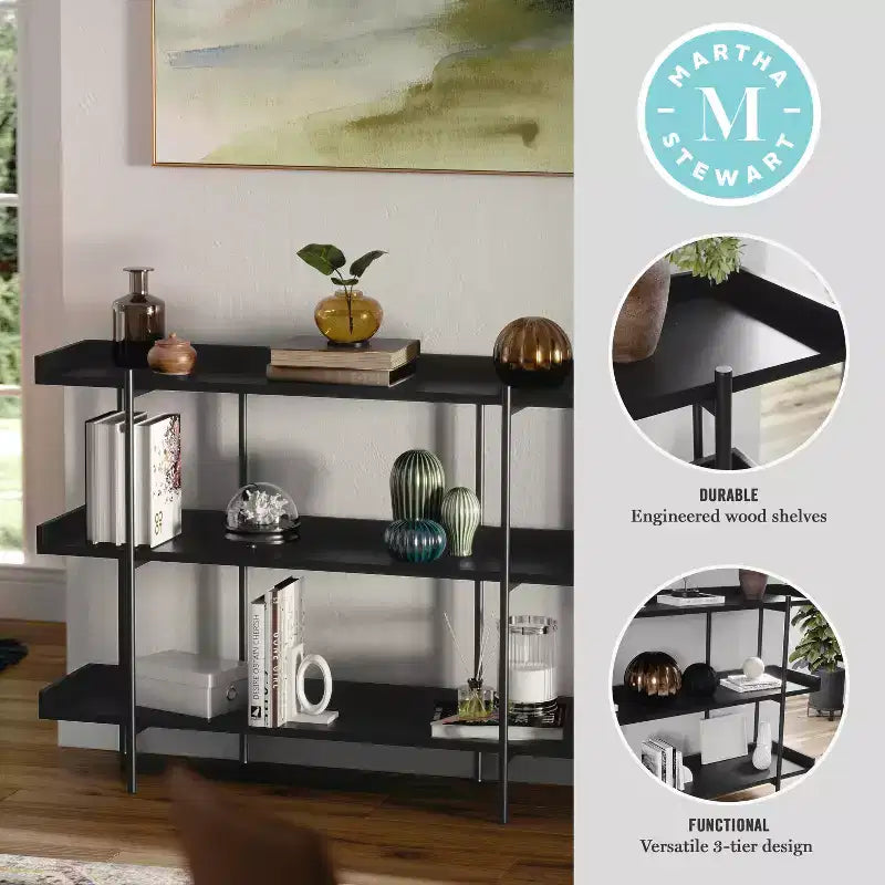 3-Shelf Storage Display Bookcase with Metal Frame, Black Wood Grain