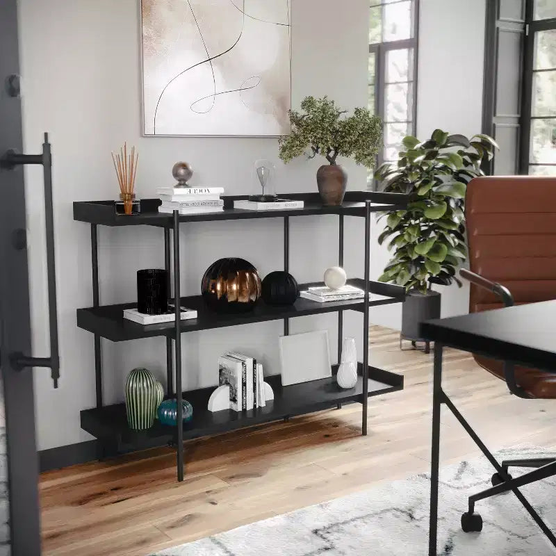 3-Shelf Storage Display Bookcase with Metal Frame, Black Wood Grain