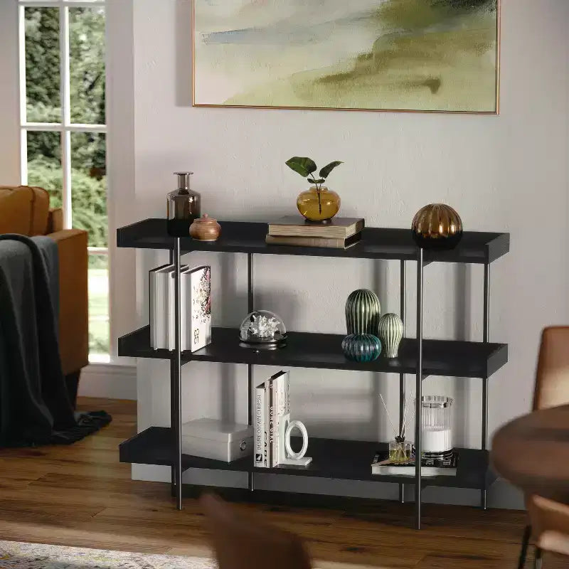 3-Shelf Storage Display Bookcase with Metal Frame, Black Wood Grain
