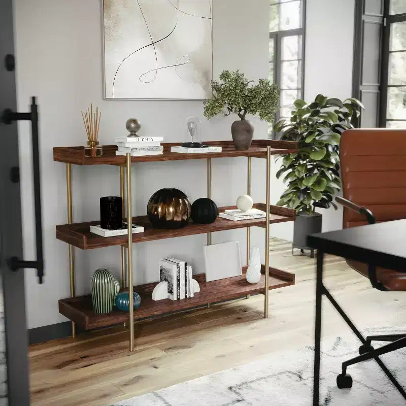 3-Shelf Storage Display Bookcase with Metal Frame, Black Wood Grain