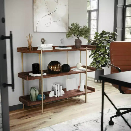 3-Shelf Storage Display Bookcase with Metal Frame, Black Wood Grain