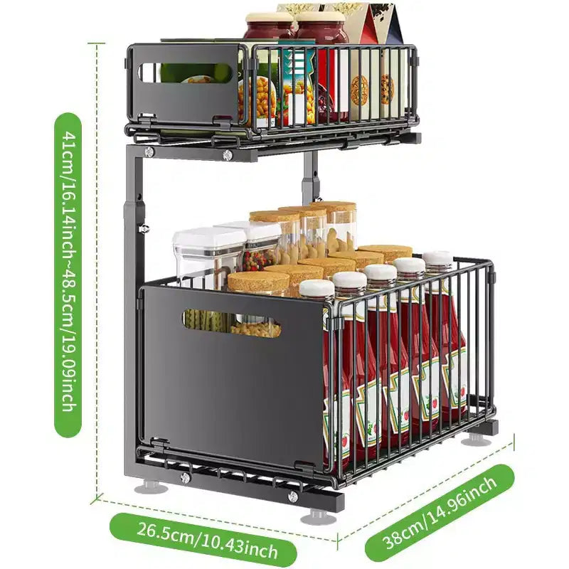 2-Tier Adjustable Under Sink Organizer with Pull-Out Drawers, Height-Adjustable Slide-Out Cabinet
