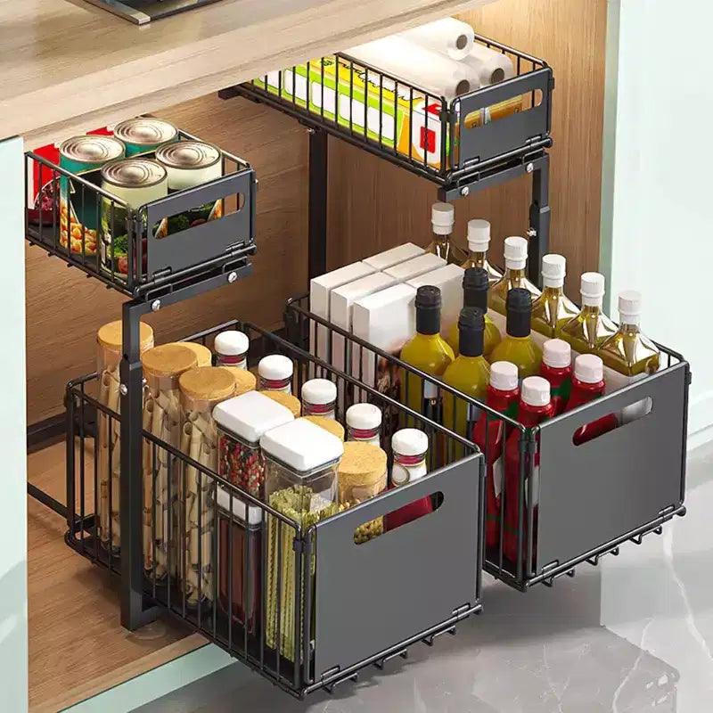 2-Tier Adjustable Under Sink Organizer with Pull-Out Drawers, Height-Adjustable Slide-Out Cabinet