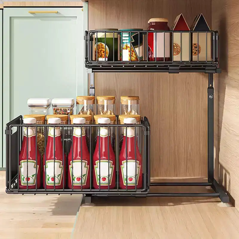 2-Tier Adjustable Under Sink Organizer with Pull-Out Drawers, Height-Adjustable Slide-Out Cabinet