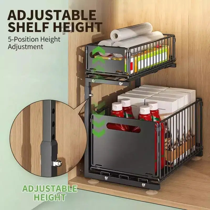 2-Tier Adjustable Under Sink Organizer with Pull-Out Drawers, Height-Adjustable Slide-Out Cabinet