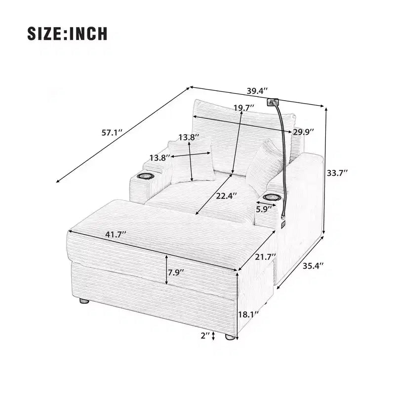 41.7" Modern Single Sofa with Storage Ottoman and Two Cup Holders for Living Room, Gray