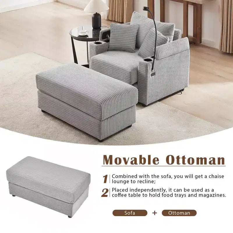 41.7" Modern Single Sofa with Storage Ottoman and Two Cup Holders for Living Room, Gray
