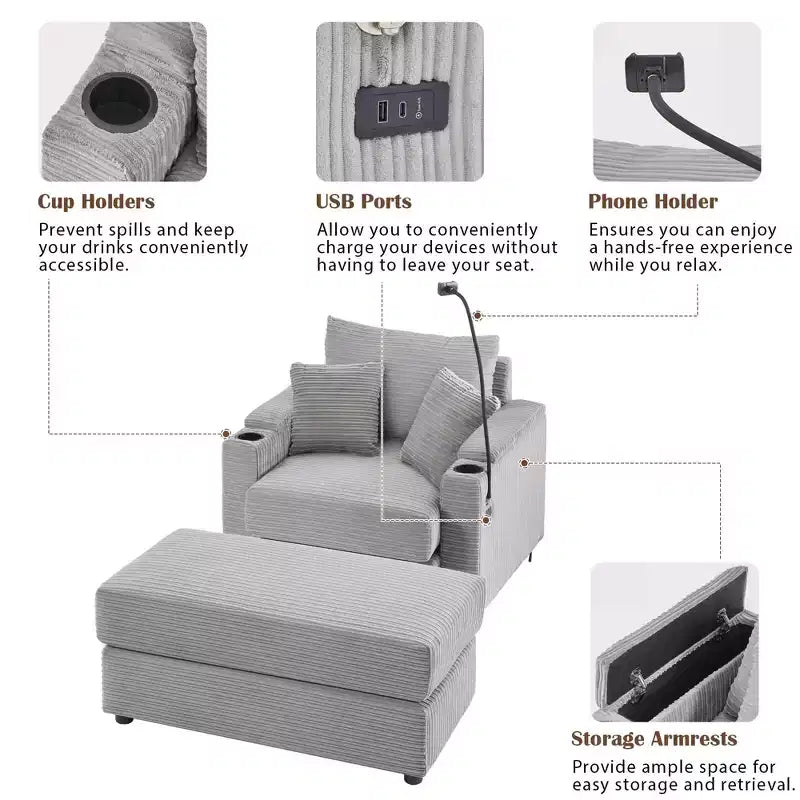 41.7" Modern Single Sofa with Storage Ottoman and Two Cup Holders for Living Room, Gray