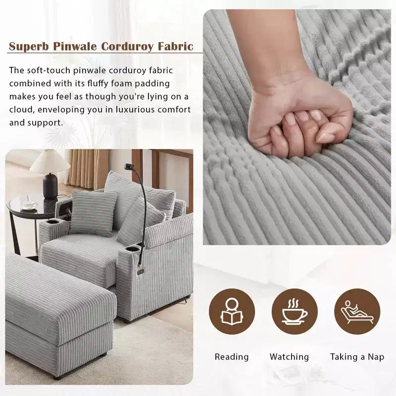 41.7" Modern Single Sofa with Storage Ottoman and Two Cup Holders for Living Room, Gray