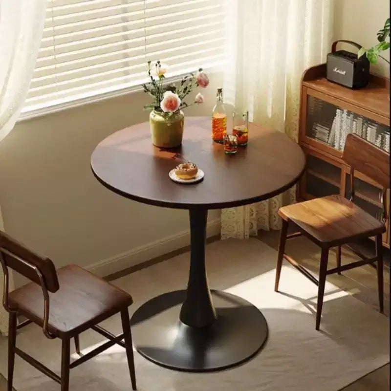 Round Dining Table with Thickened Tabletop and Steel Base, Modern Bistro Table for Kitchen, Living Room, Walnut, 23.6"x19.7"x29.1"