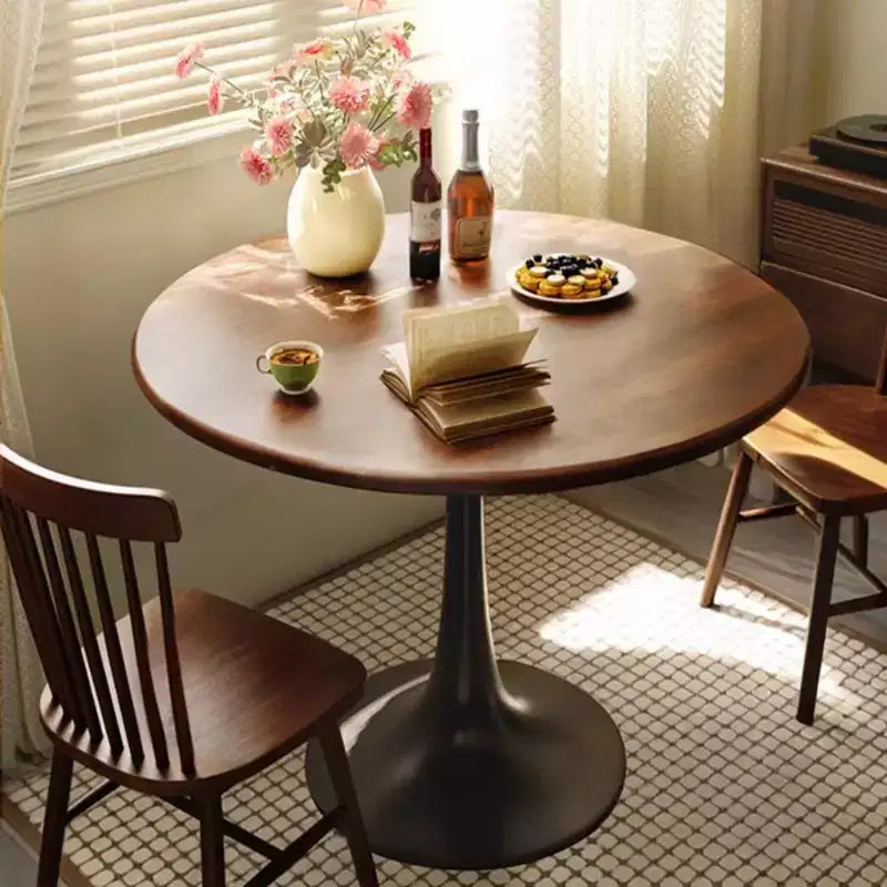 Round Dining Table with Thickened Tabletop and Steel Base, Modern Bistro Table for Kitchen, Living Room, Walnut, 23.6"x19.7"x29.1"