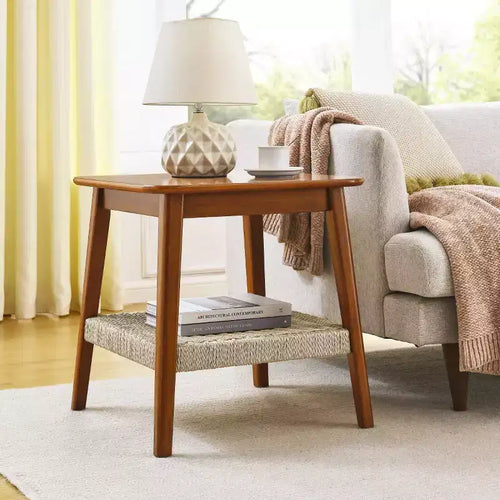 23" Mid-Century Square End Table with Woven Open Shelf, Solid Wood Legs, 2-Tier Side Table for Living Room, Bedroom, or Office