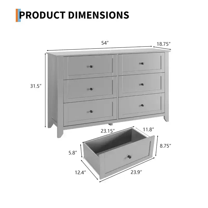 6 Drawer Dresser for Bedroom, Wood Storage Chest of Drawers for Living Room, Hallway, Entryway