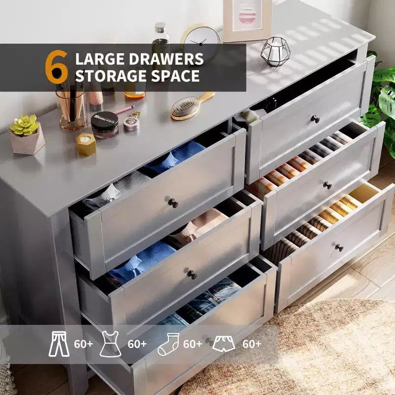 6 Drawer Dresser for Bedroom, Wood Storage Chest of Drawers for Living Room, Hallway, Entryway