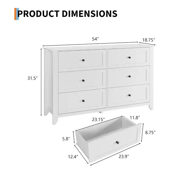 6 Drawer Dresser for Bedroom, Wood Storage Chest of Drawers for Living Room, Hallway, Entryway