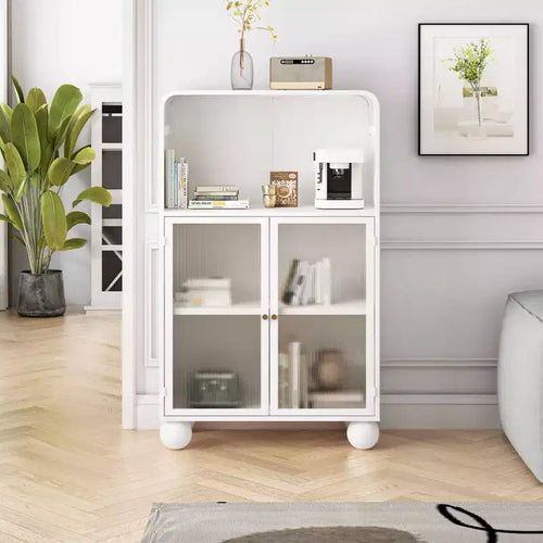 45.28" Storage Cabinet with Glass Doors and Shelves, White, for Bathroom or Living Room