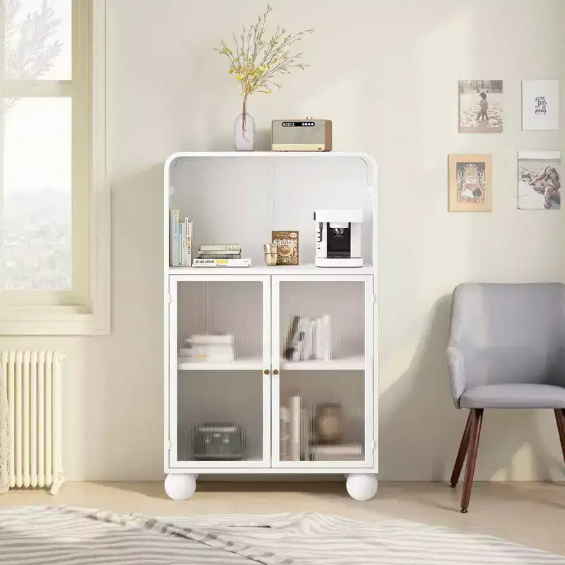 45.28" Storage Cabinet with Glass Doors and Shelves, White, for Bathroom or Living Room