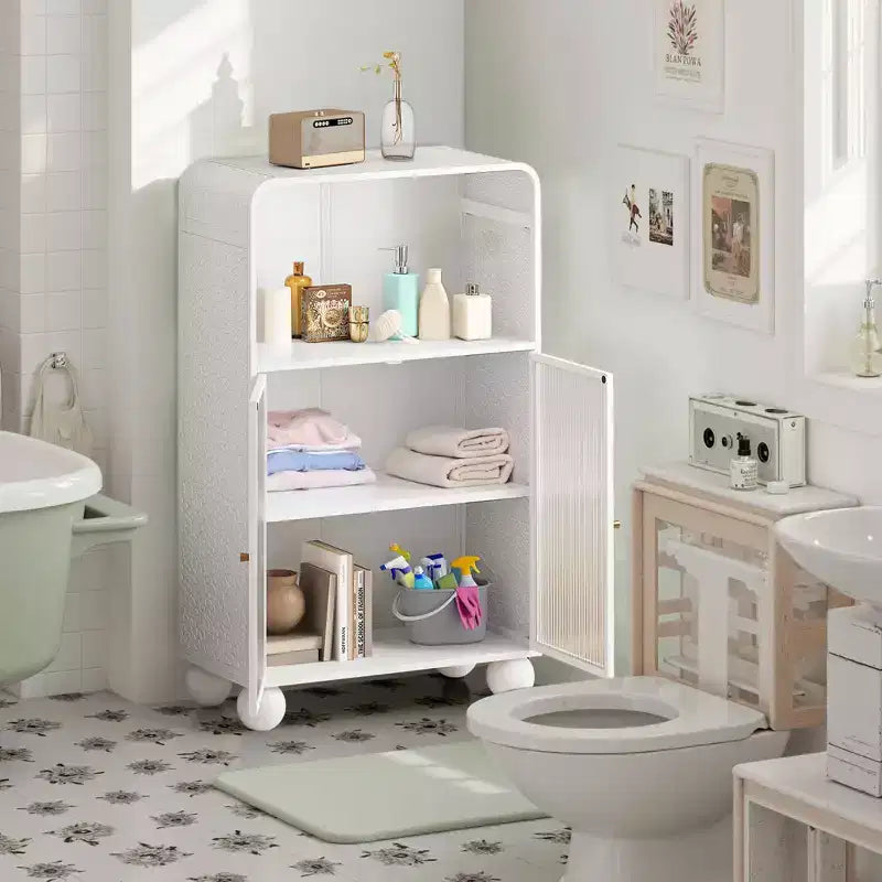 45.28" Storage Cabinet with Glass Doors and Shelves, White, for Bathroom or Living Room
