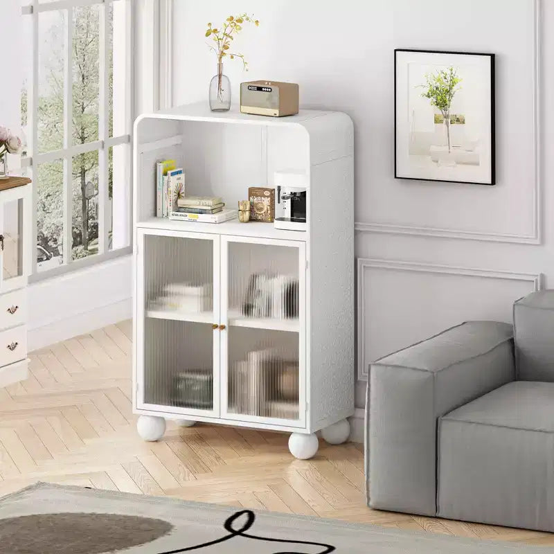 45.28" Storage Cabinet with Glass Doors and Shelves, White, for Bathroom or Living Room