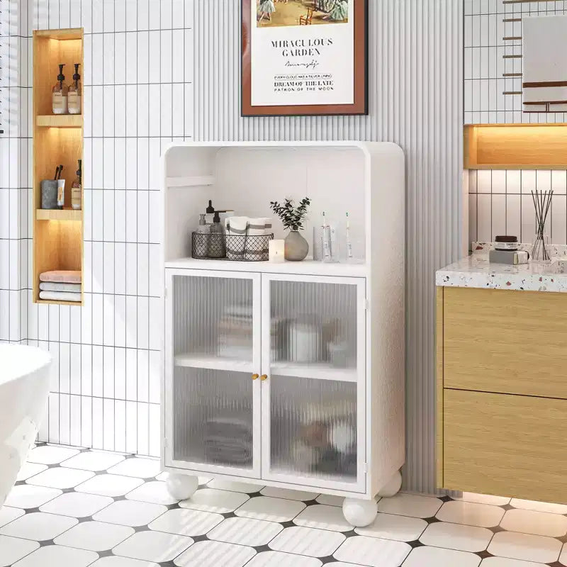 45.28" Storage Cabinet with Glass Doors and Shelves, White, for Bathroom or Living Room