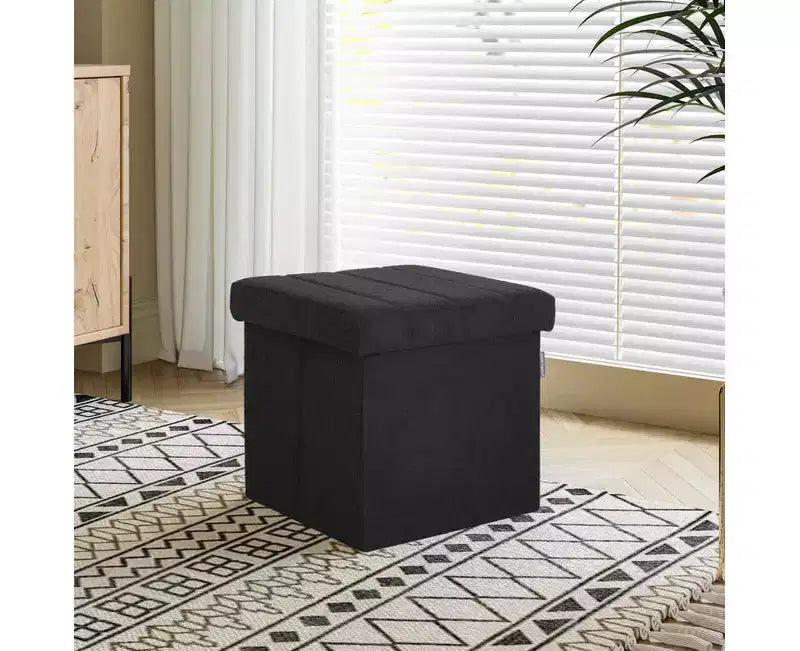 Black Boucle Channel Tufted Fabric Storage Ottoman
