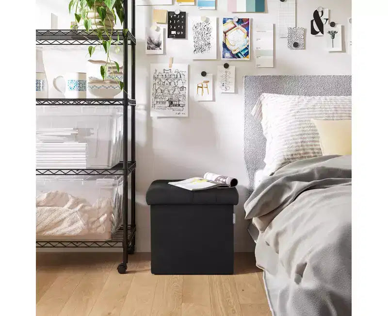 Black Boucle Channel Tufted Fabric Storage Ottoman