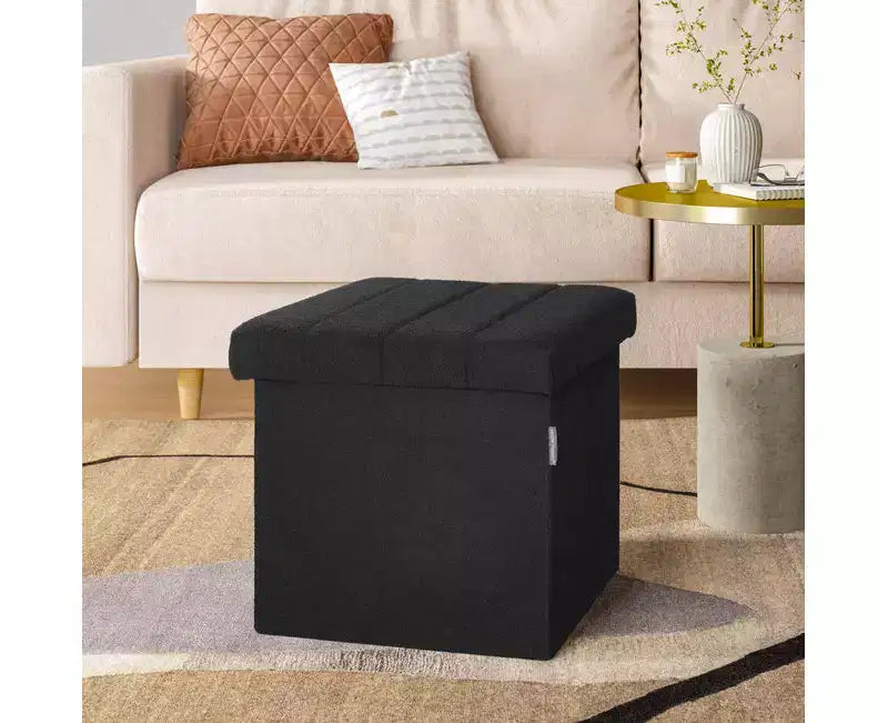 Black Boucle Channel Tufted Fabric Storage Ottoman