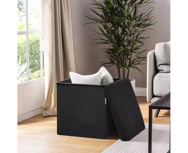 Black Boucle Channel Tufted Fabric Storage Ottoman
