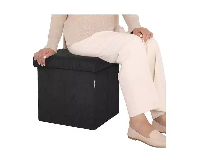 Black Boucle Channel Tufted Fabric Storage Ottoman