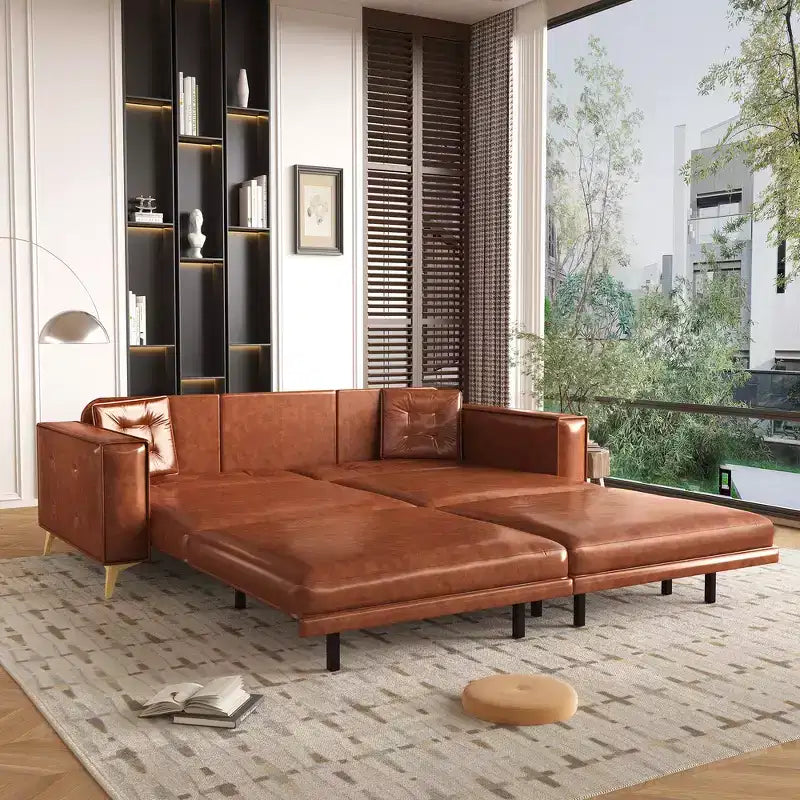 92.1" King Size Pull Out Sleeper Sofa Bed, 3-In-1 Faux Leather Convertible Sofa Couch with 2 Pillows