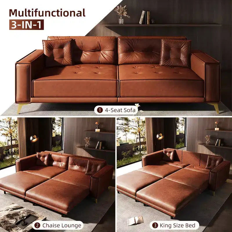 92.1" King Size Pull Out Sleeper Sofa Bed, 3-In-1 Faux Leather Convertible Sofa Couch with 2 Pillows