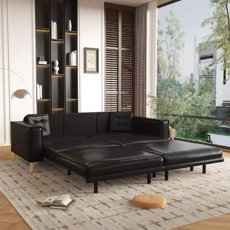 92.1" King Size Pull Out Sleeper Sofa Bed, 3-In-1 Faux Leather Convertible Sofa Couch with 2 Pillows