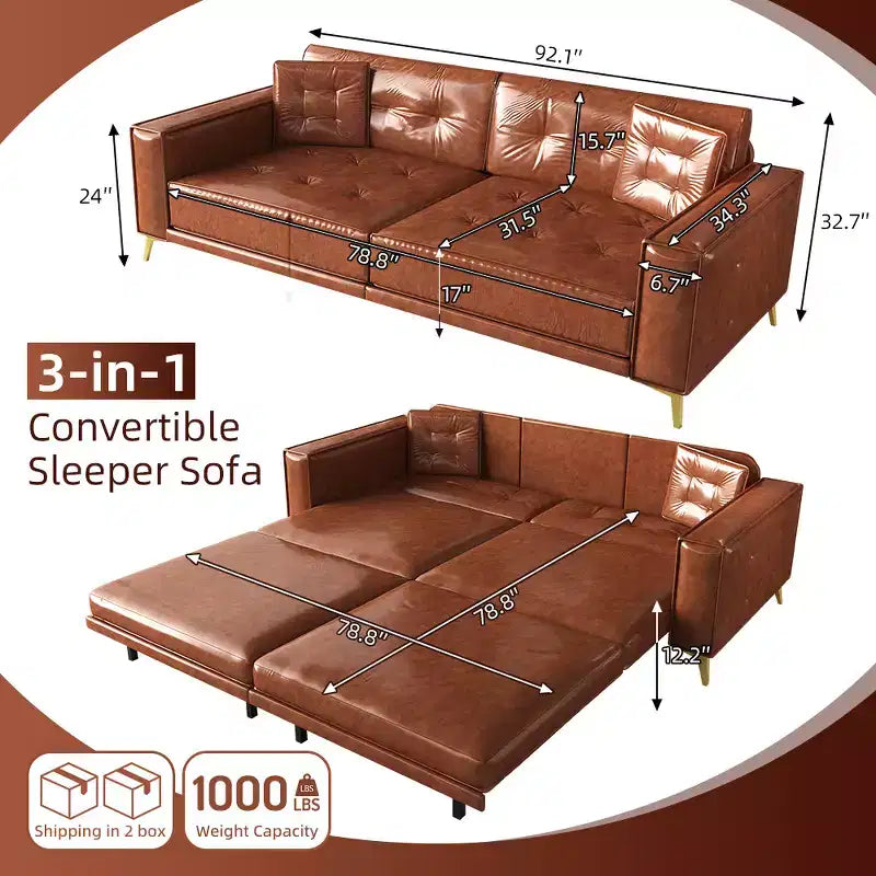 92.1" King Size Pull Out Sleeper Sofa Bed, 3-In-1 Faux Leather Convertible Sofa Couch with 2 Pillows