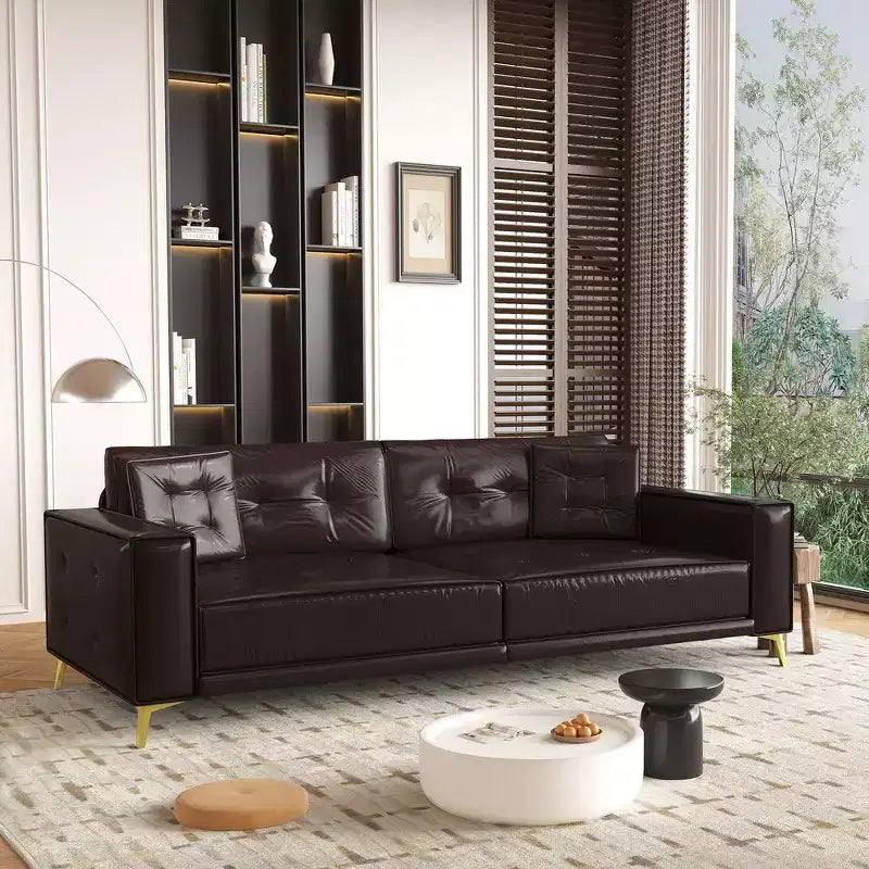 92.1" King Size Pull Out Sleeper Sofa Bed, 3-In-1 Faux Leather Convertible Sofa Couch with 2 Pillows