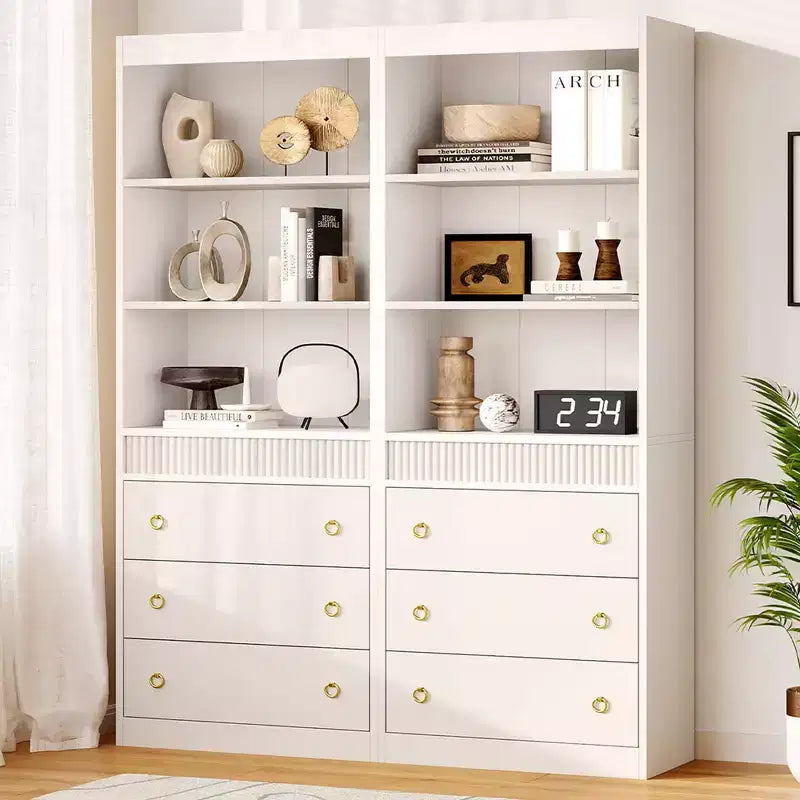 70.8" Fluted Bookcase with Drawers, White 6-Tier Bookshelf with Storage, Tall Waved Design Storage Cabinet