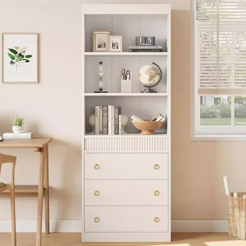 70.8" Fluted Bookcase with Drawers, White 6-Tier Bookshelf with Storage, Tall Waved Design Storage Cabinet