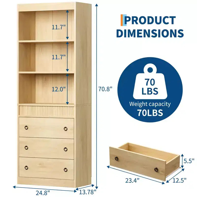 70.8" Fluted Bookcase with Drawers, White 6-Tier Bookshelf with Storage, Tall Waved Design Storage Cabinet