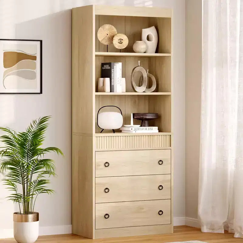 70.8" Fluted Bookcase with Drawers, White 6-Tier Bookshelf with Storage, Tall Waved Design Storage Cabinet